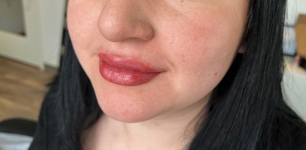 Lip blush cosmetic tattoo by Lucia  permanent makeup for natural, fuller lips with soft tint in St Charles, IL